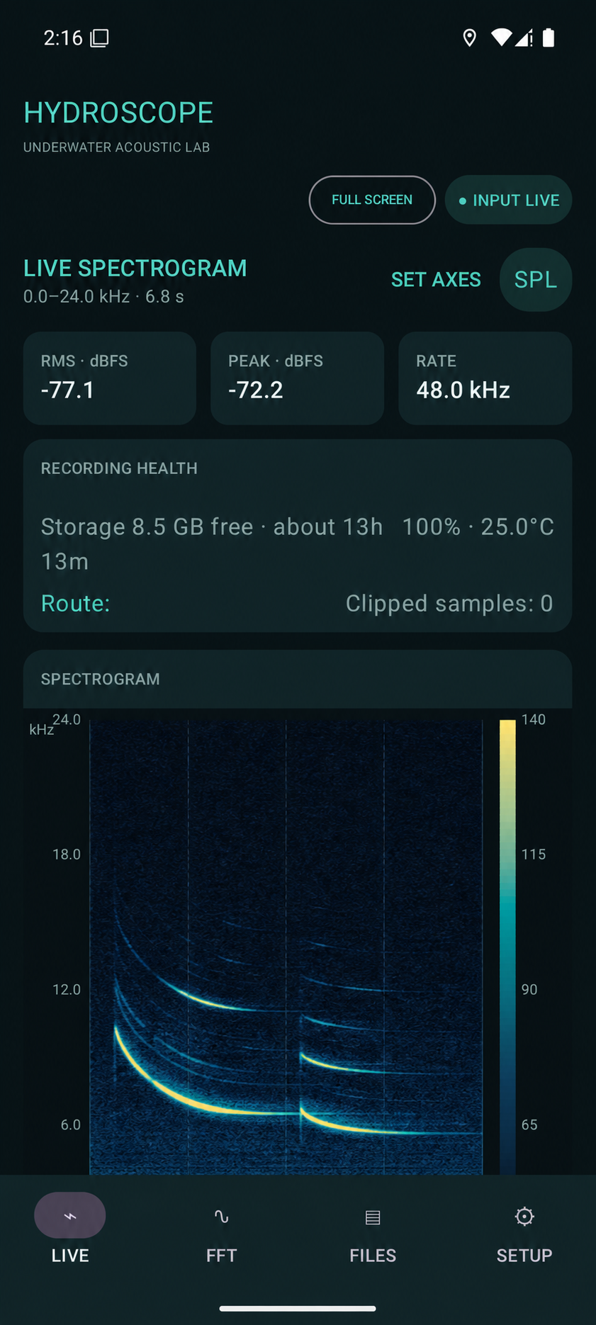 Full HydroScope Android app screen showing live levels, recording health and a clean spectrogram of tonal orca calls