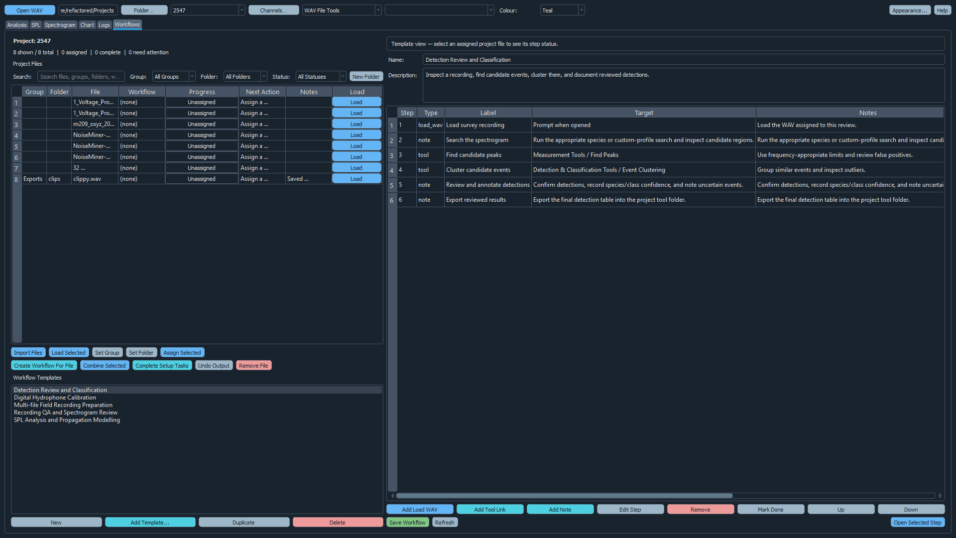 Analyze workflow workspace tracking acoustic project tasks